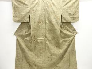 草花に家屋風景模様織り出し手織り真綿紬着物